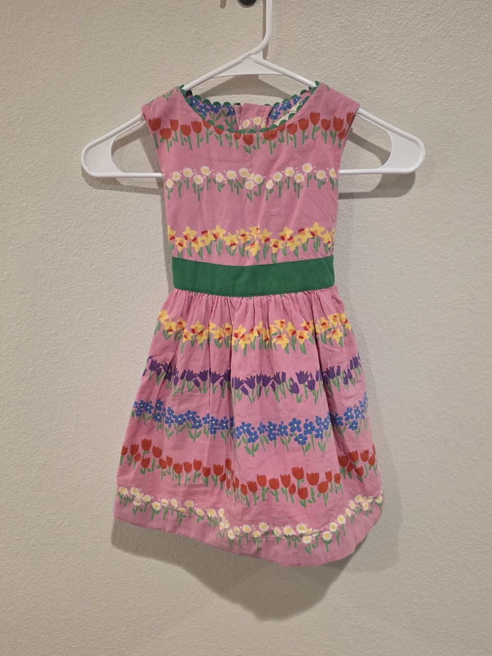 Mini Boden Pink Floral Stripe Dress with Green Waistband